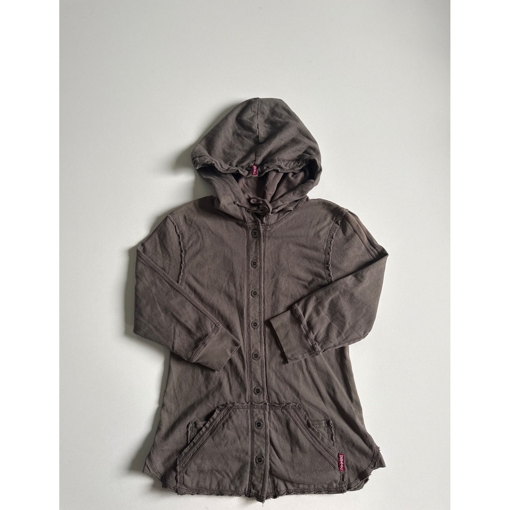 Hard Tail Forever Brown Button Down Hoodie Cinched Back Jacket Womens Medium